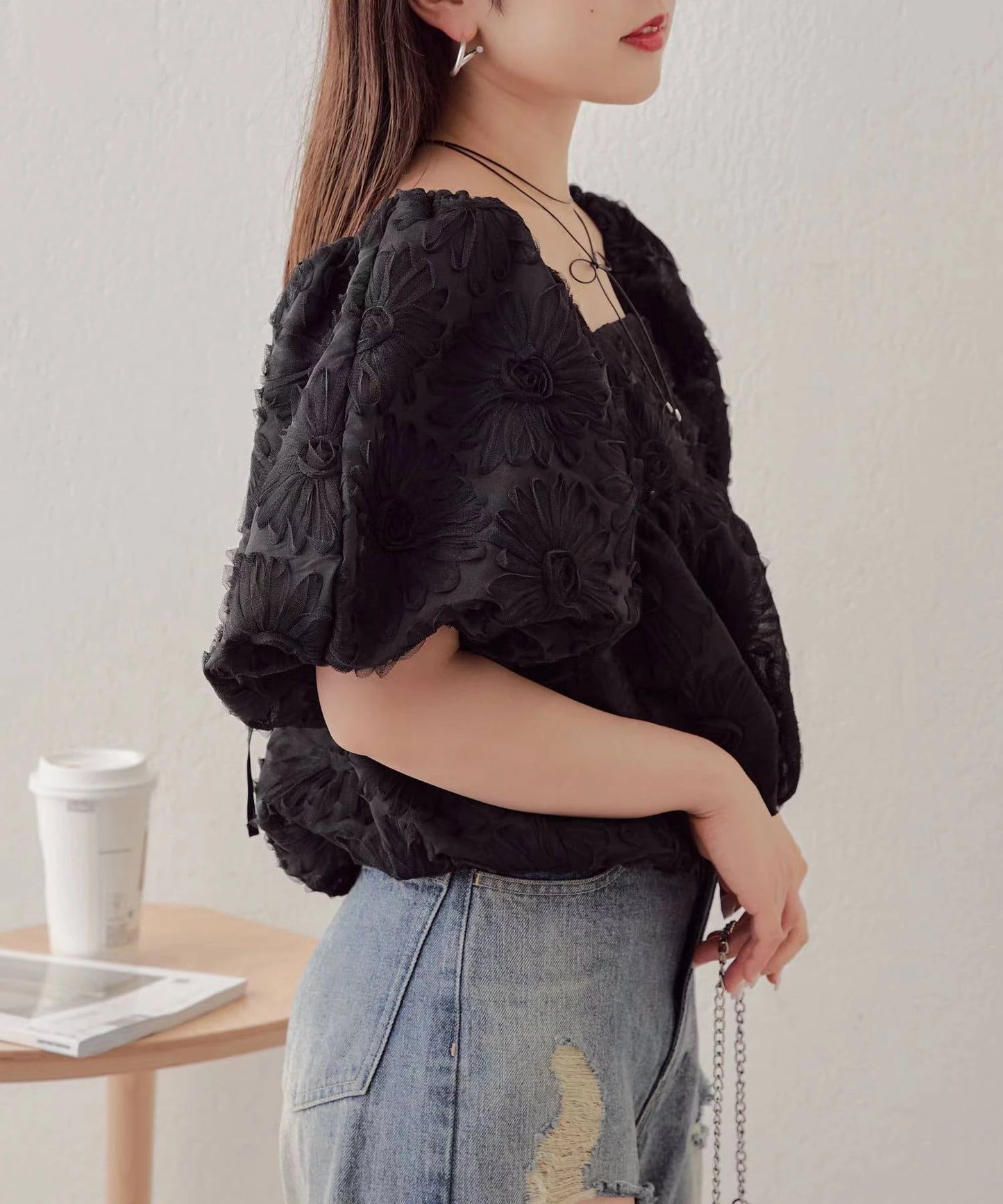 Japanese Elegant Commuter Mesh 3D Cut Flower Square Collar Off-shoulder Puff Sleeve Suspender Tops Short Blouse Shirt For Women