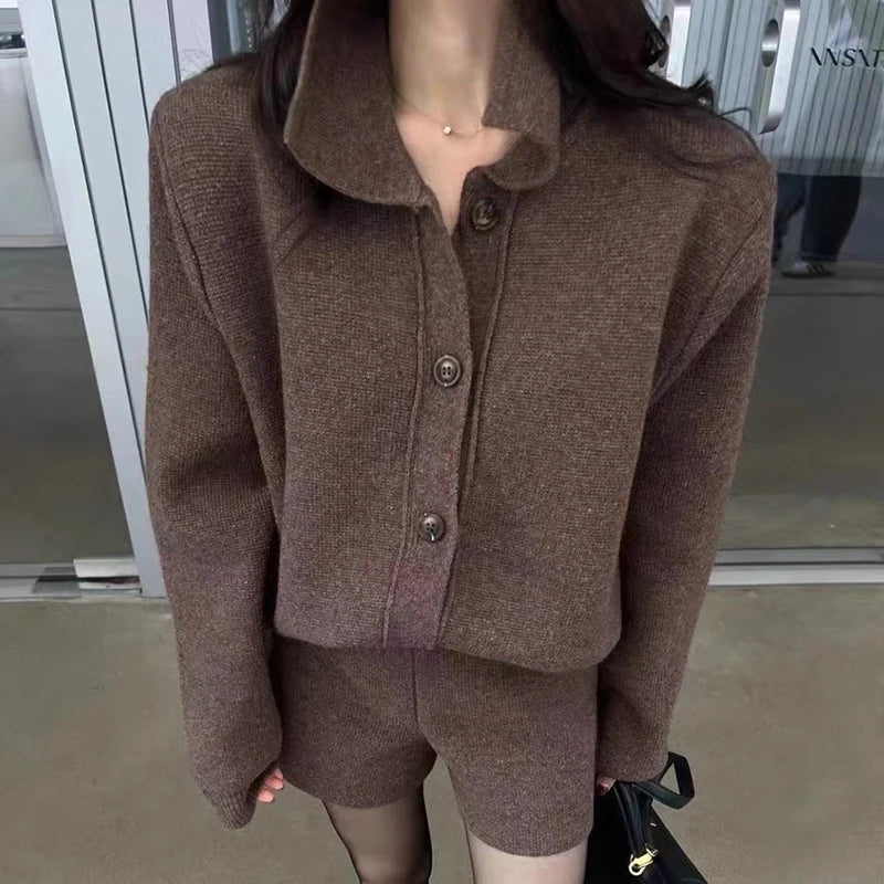 FOTVOTEE Fashion Knitted Suits for Women Lapel Single Breasted Cardigan High Waist Shorts Fall Winter New Elegant 2 Piece Sets