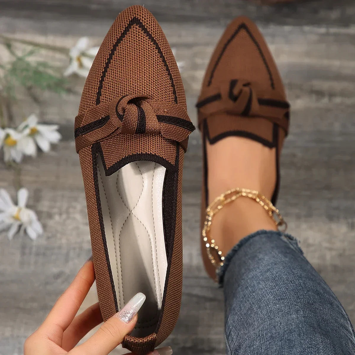 Flats & Ballet — Knit Pointed-Toe Quiet-Luxury Flats, Breathable Solid-Color Slip-Ons — view 10 of flats & ballet