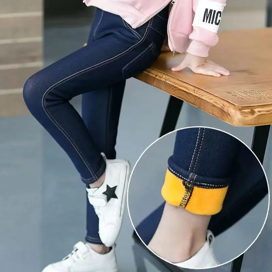 Girls Winter Cowboy Denim Long Pants Kids Thicken Warm Bootcuts Skinny