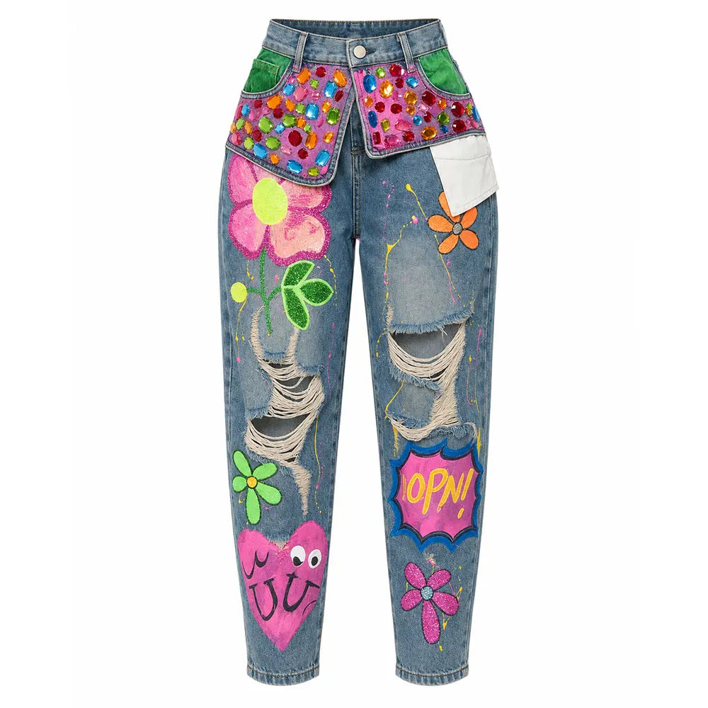 Rhinestone Graffiti-Print Distressed Jeans — Party Streetwear Statement Denim — variant view 6