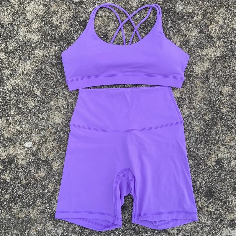 Women's Activewear Cross-Back Bra + High-Waist Biker Shorts Set — 2-Piece Yoga Gym — view 2 of women's activewear