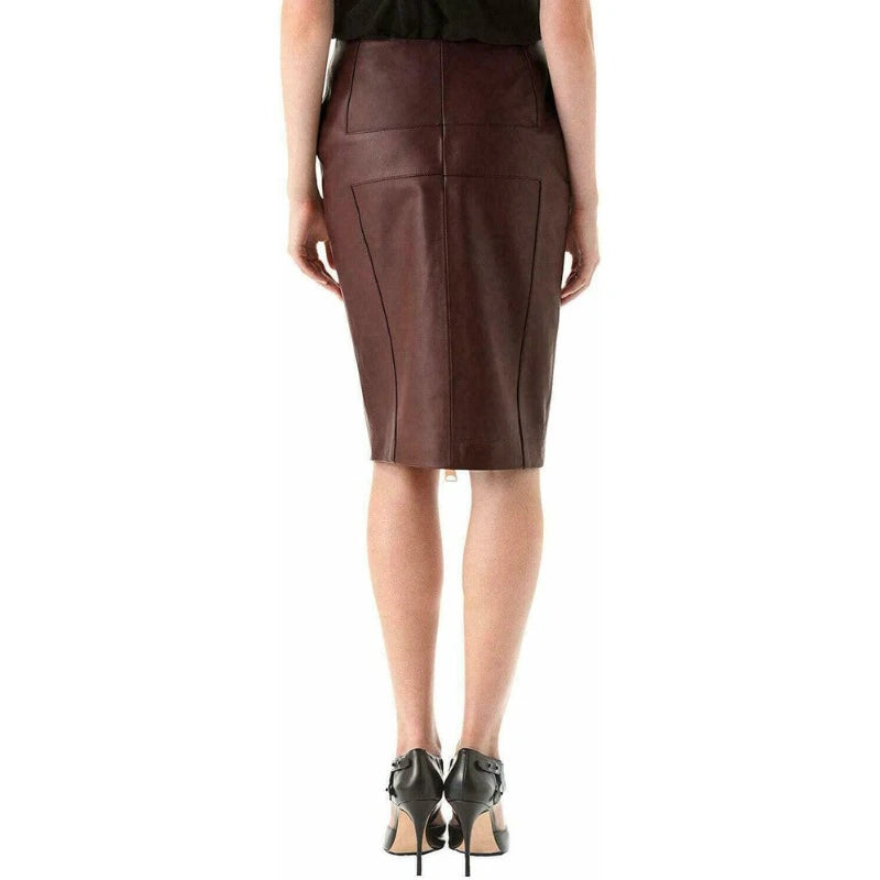 Women Genuine Lambskin Real Leather Skirt Brown Straight & Pencil Zip Skirt