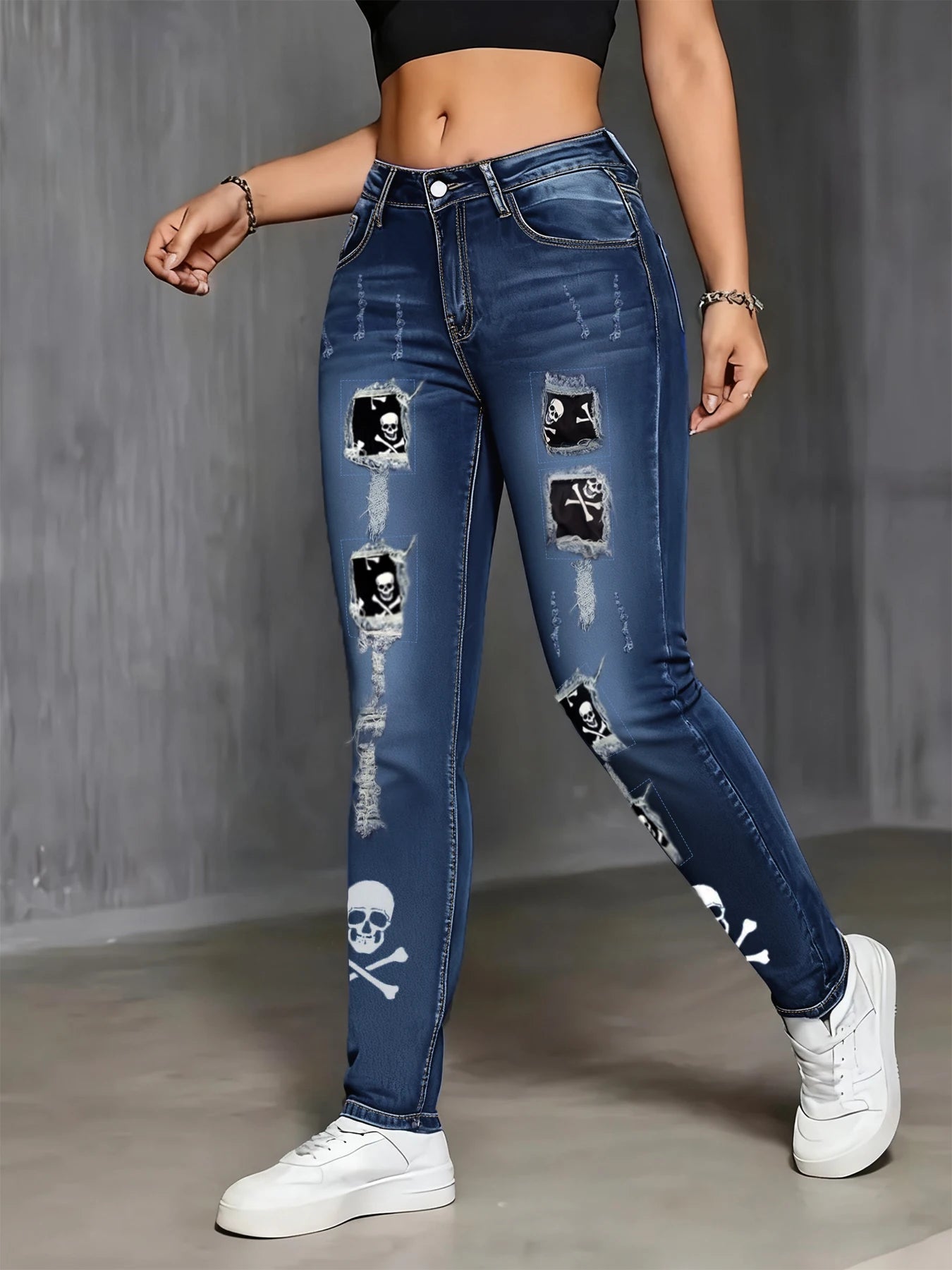 Plus-Size Dark-Wash Floral Embroidered Flare Jeans — Mid-Rise Slim Wide-Leg Denim — detail view