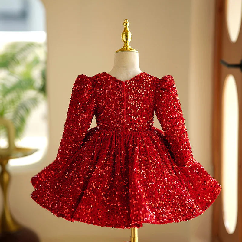 Long Sleeve Fashion Red Princess Ball Gown For Girls Sequins Bow Design Birthday Party Wedding Dress g170