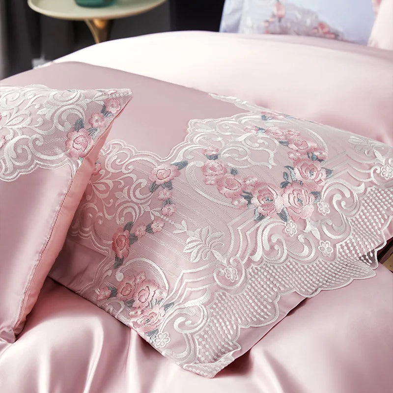 Luxury Hotel Wedding Bedding Set – 600TC Long-Staple Cotton Embroidered Pink Princess Duvet Cover