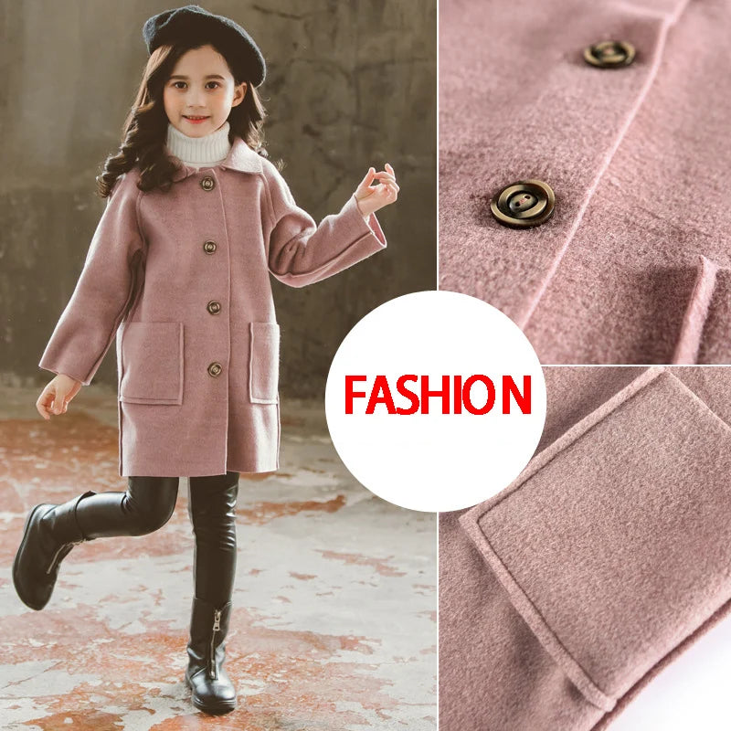 Kids Winter Wool Blend Coats Vintage Fashion Teen Girls Beige Long Jackets Warm Outerwear Thick Jacket Child 6 8 10 12 Years Old