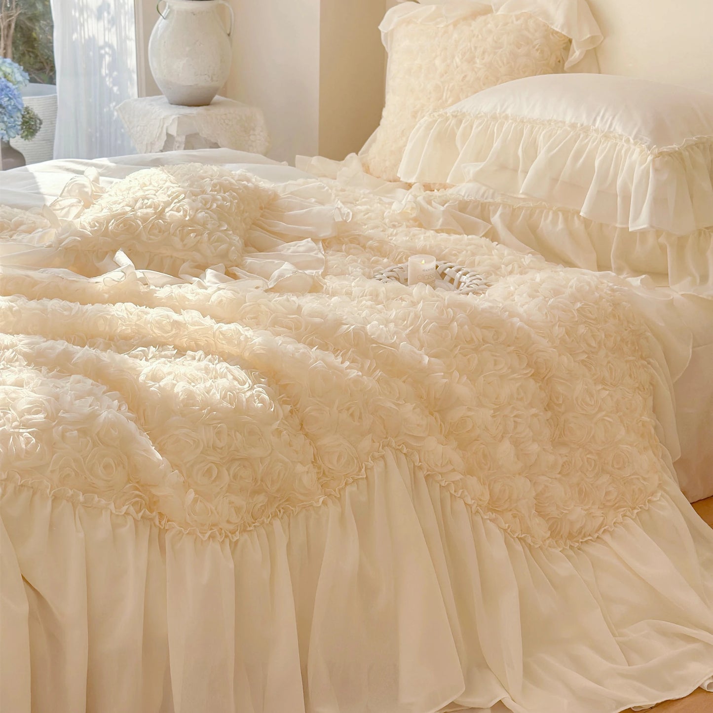 Princess Cotton Bedding Set, 3D Rose Duvet Cover Sets with Bed Skirts,Cream White Rose Design Bedding 4pcs, Skin-friendly Fabric