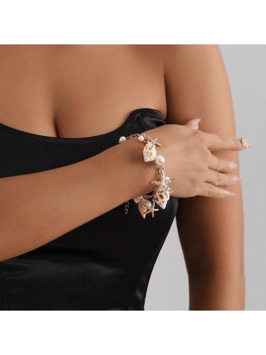 Gold Starfish & Seashell Charm Bracelet — Dainty Beach Jewelry for Women — view 2 of jewelry