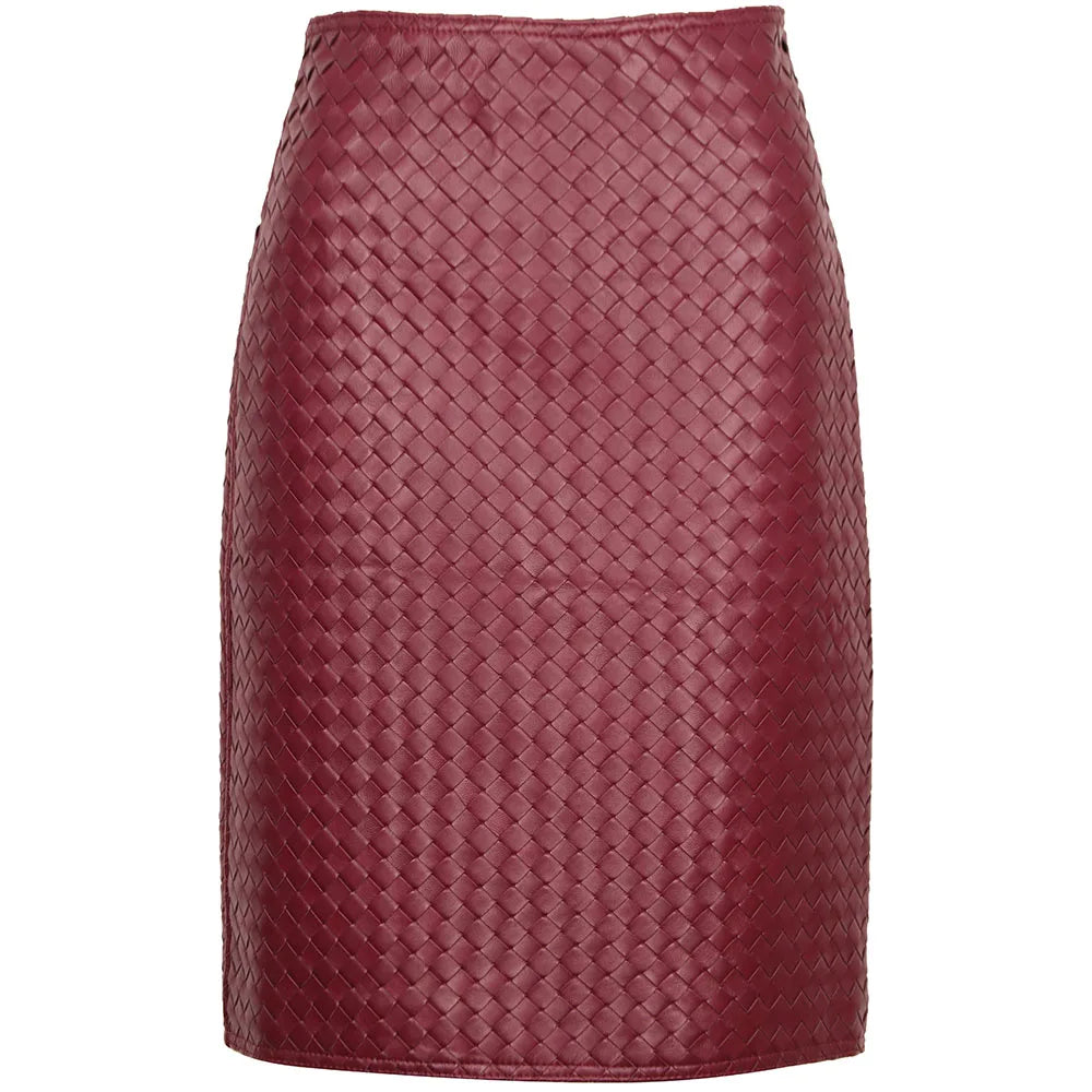 YOLOAgain 2024 Spring New Hand-Woven High Waist Straight Real Leather Skirt Women