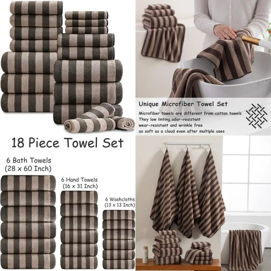 Bath Towels Family Set 18-Piece — Brown Cabana Stripe, 6 Bath Sheets + 6 Hand Towels + 6 Washcloths