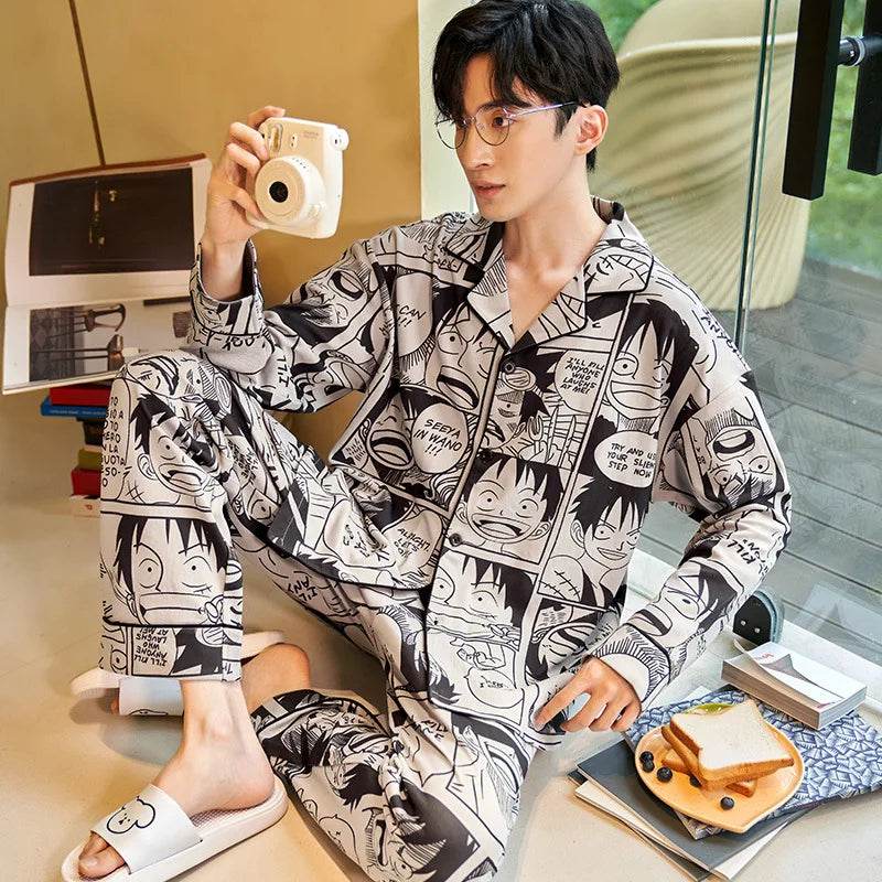 Men Pajamas Suit Long Sleeves Cotton Cartoons Sleepwear Teen Autumn Cardigans Loungewear Sets Outside Home Cloth Male Pyjamas