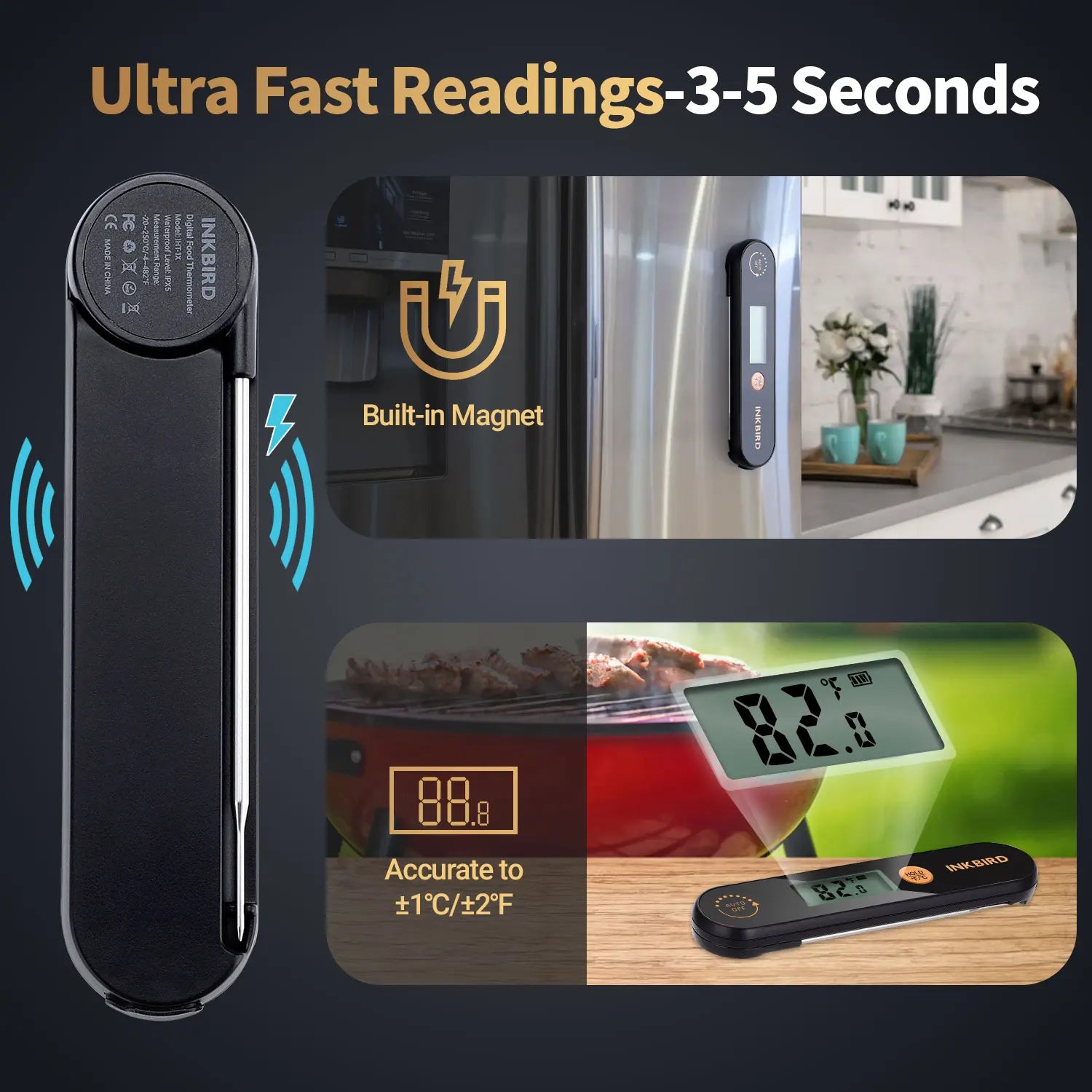 INKBIRD Waterproof Digital Meat Thermometer – Instant-Read Folding BBQ Thermometer with Backlight