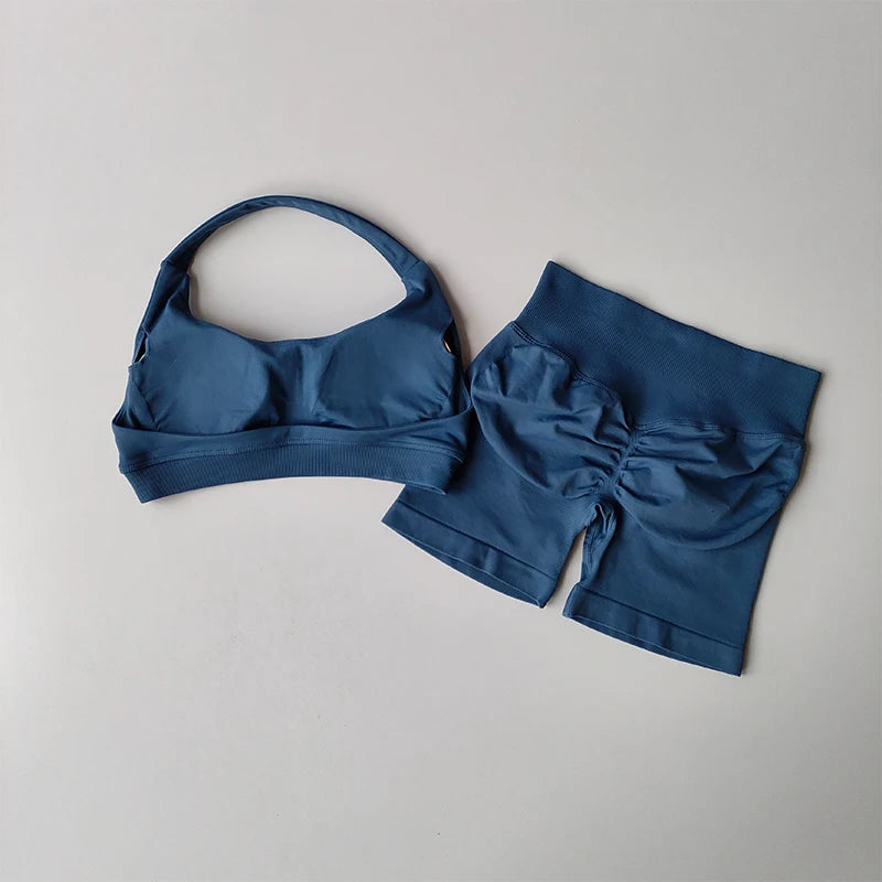 Women's Activewear Halter Sports Bra + Biker Shorts Set — High-Waist Pilates Yoga 2-Piece — view 2 of women's activewear