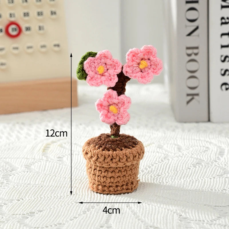 Home Decor Handmade Crochet Potted Plant — Cute Mini Faux Flower for Car, Desk & Office