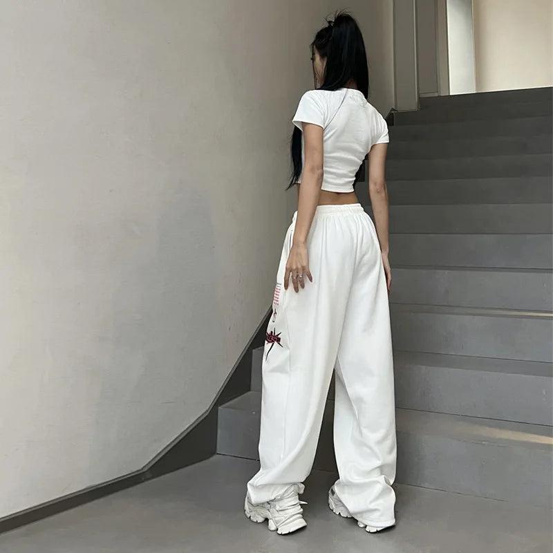 New Y2K Streetwear White Track Pants Women Harajuku Hippie Wide Leg Sweatpants Oversize