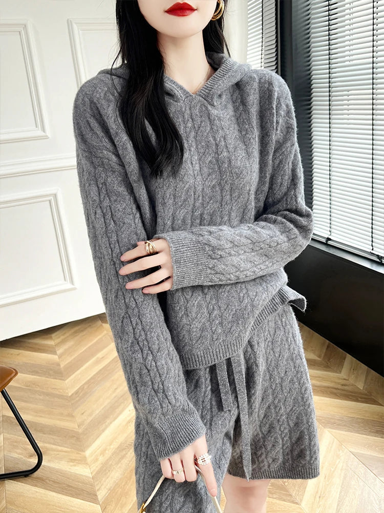 High Quality Suit Spring Autumn 100% Pure Wool Knitted Hoodie Women's Pullover Sweater And Short Pants Two-Piece Female Clothing