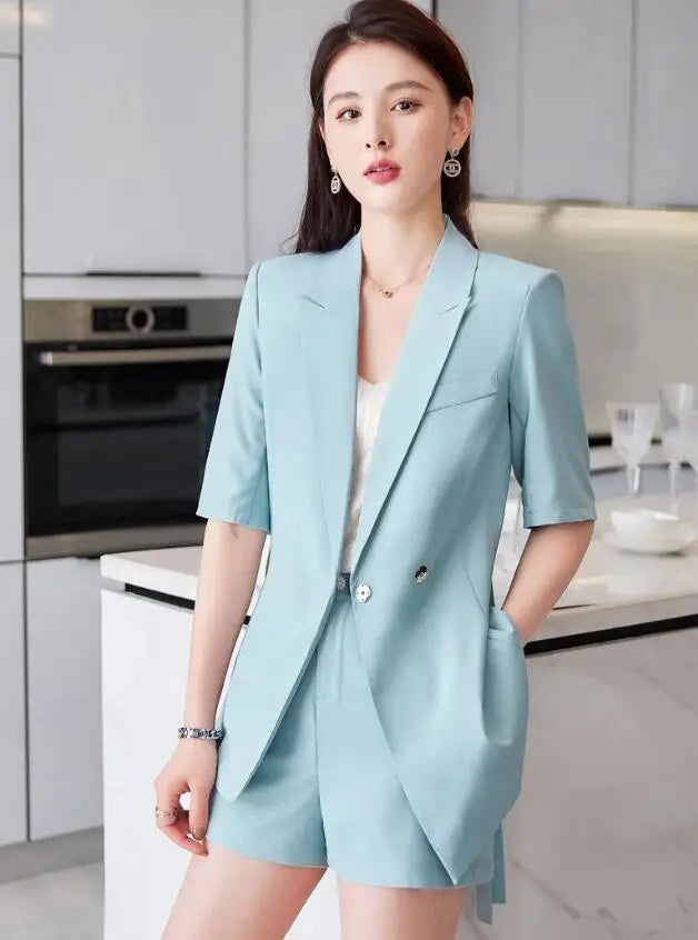 Tesco Spring Summer Short Pants Sets For Women Short Sleeve Jacket With Belt Royal Blue Pantsuit 2 Piece For Business Suit