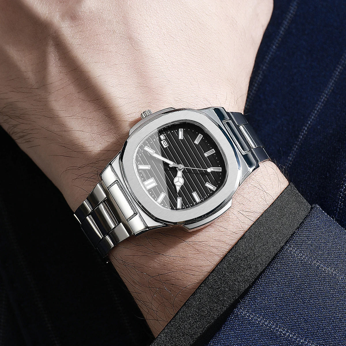 Men's Business Square Dial Watch — Stainless Steel Quartz Calendar Wristwatch — view 4 of watches