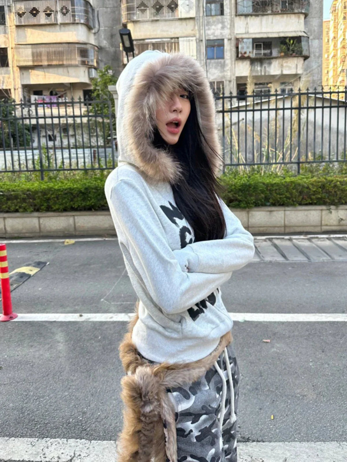 Y2k Fur Collar Hoodies Women Vintage Spring Autumn Zipper Sweatshirts Retro Gray Slim Letter Print Long Sleeve Cardigan Coat