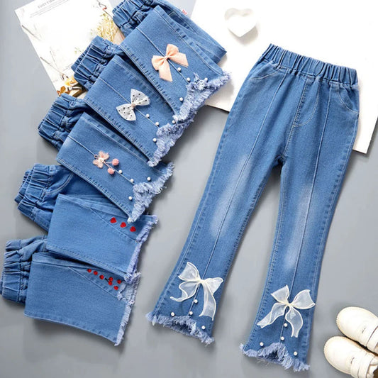 Baby Girls Cowboy Pants Spring Autumn Girls Casual Denim Trousers Children Clothing Kids Stretch Flared Pants for 4-10 Years