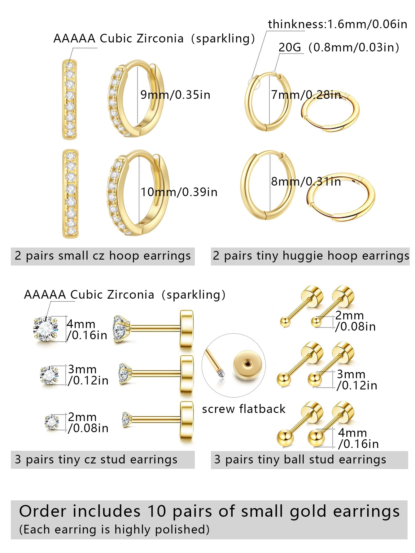 Women's 10-Pair Small Gold Hoop Stud Earring Set — 18K Gold Plated Jewelry — view 6 of jewelry