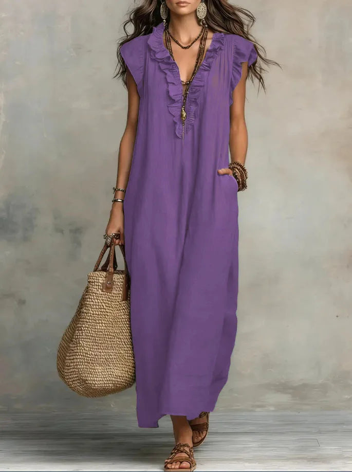 Women's Boho Linen-Blend Ruffle Maxi Dress, V-Neck & Pockets — view 9 of dresses