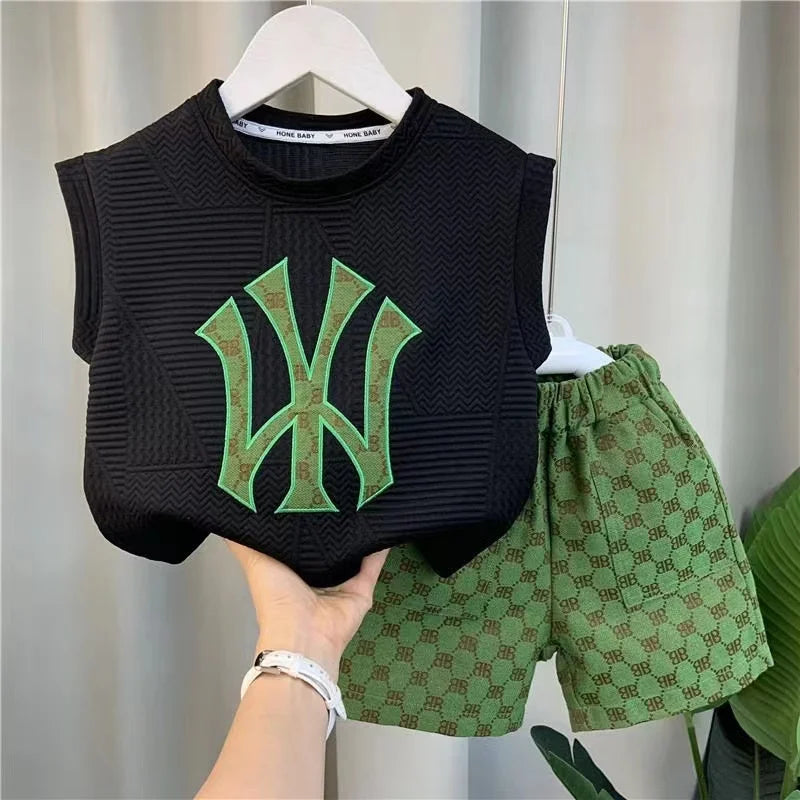 Summer Sport Casual Suit Baby Boys Clothes Kids Outfits Sleeveless T-Shirt Tops And Pants 2PCS Embroidery Clothing Girls Bebes