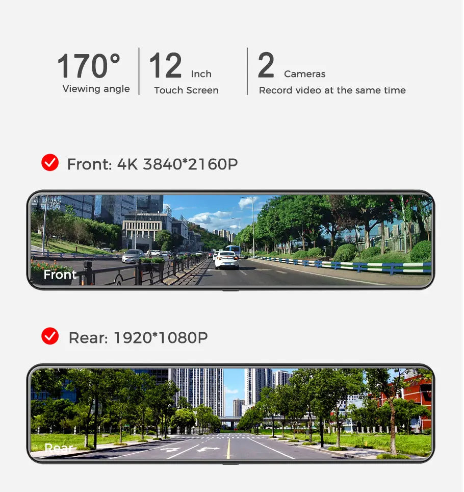 OBDPEAK 12 Inch 4K UHD 2160P Car DVR Mirror Video Recorder  Touch Screen Dashcam For Car Dual Lens GPS Track WiFi 24h Parking