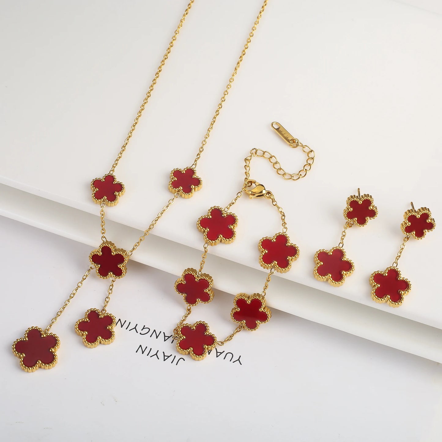 3-Piece 18K Gold-Plated Five-Leaf Flower Jewelry Set Necklace Earrings & Bracelet Clover Pendant Set — view 9 of jewelry sets