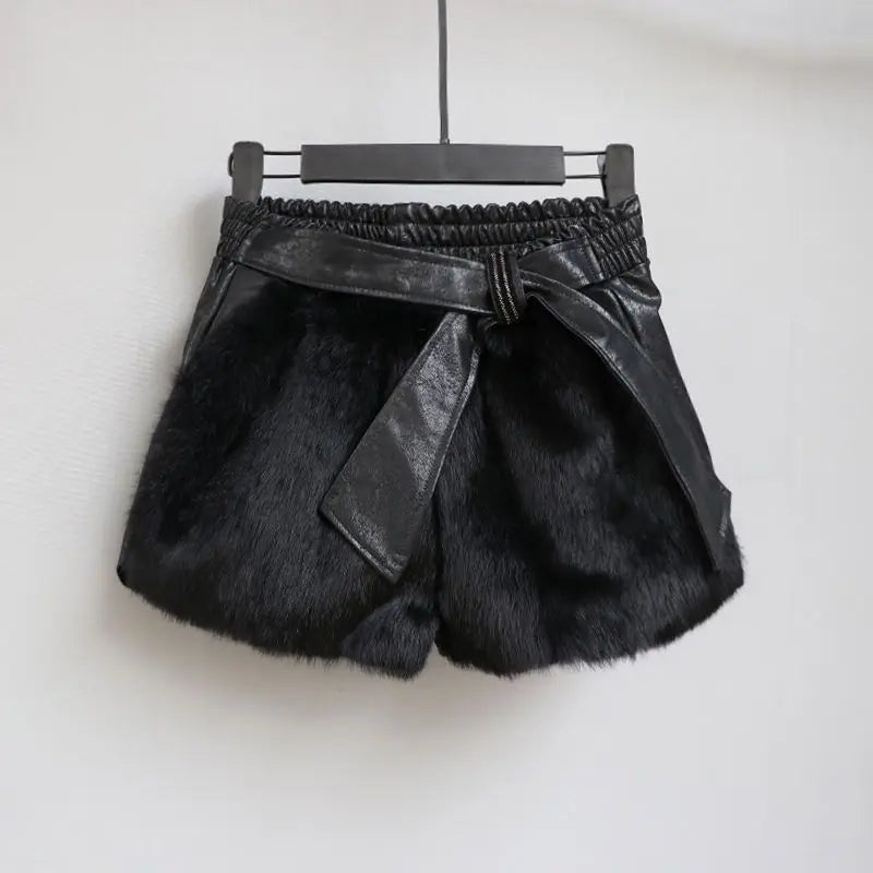 Fur Shorts Women's New Winter Style Korean Style Rivet High Waist Slim Slim Wide Leg Pants Rabbit Fur Leather Pants Boot Pants