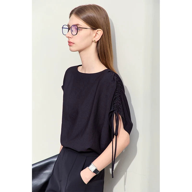 Amii Minimalism 2024 Summer Chiffon Shirts Women Slash Neck Asymmetric Short-sleeve Pleated Loose Blouses Women Tops 12452096