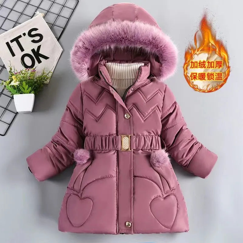 Winter Girls’ Hooded Fur Collar Coat – Warm & Thick Princess Jacket with Zipper (3-10 Years)