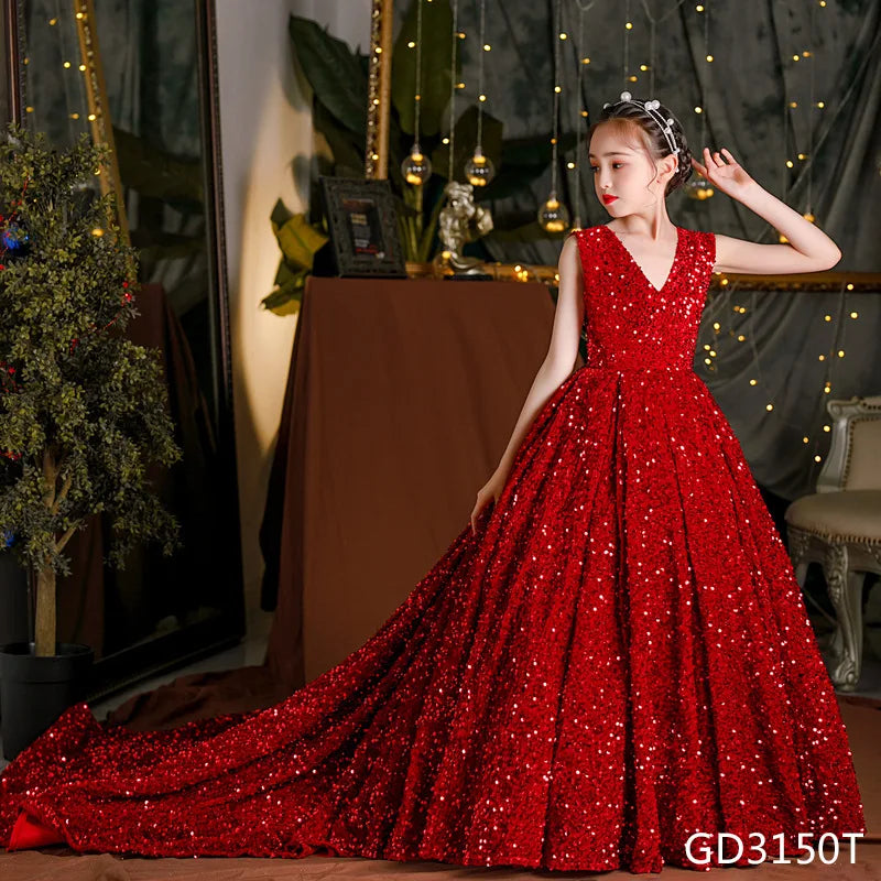 Wine Red Sequin Flower Girl Pageant Mermaid Dresses Long Puffy Prom Formal Birthday Party Dress Luxury Evening Shining Ball Gown