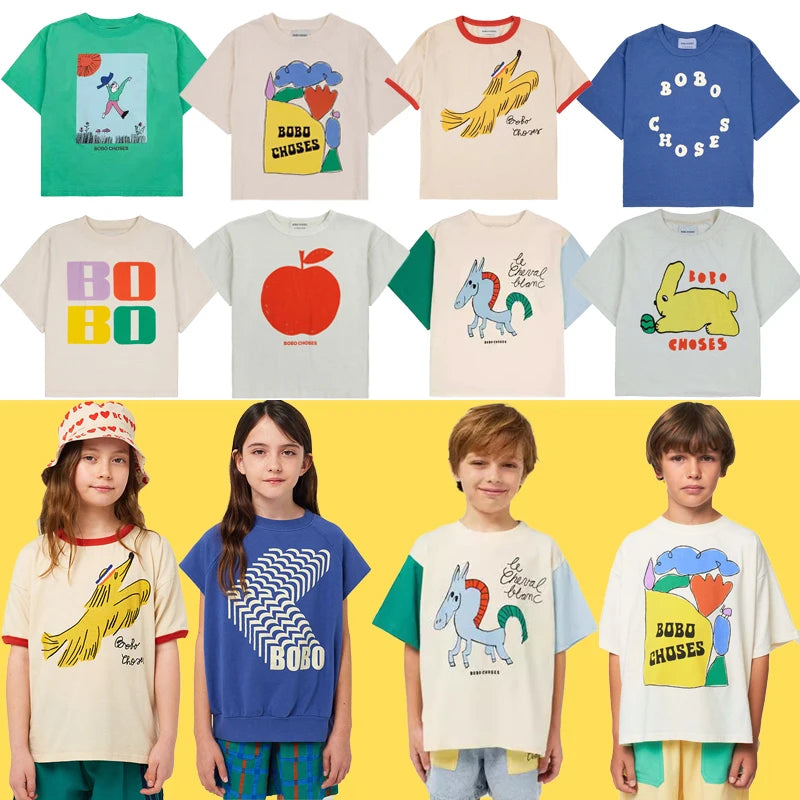 Kids T Shirts 2024 New Summer Brand Boys Girls Cute Print Short Sleeve Tees Baby Child Cotton Outwear Tops Clothing