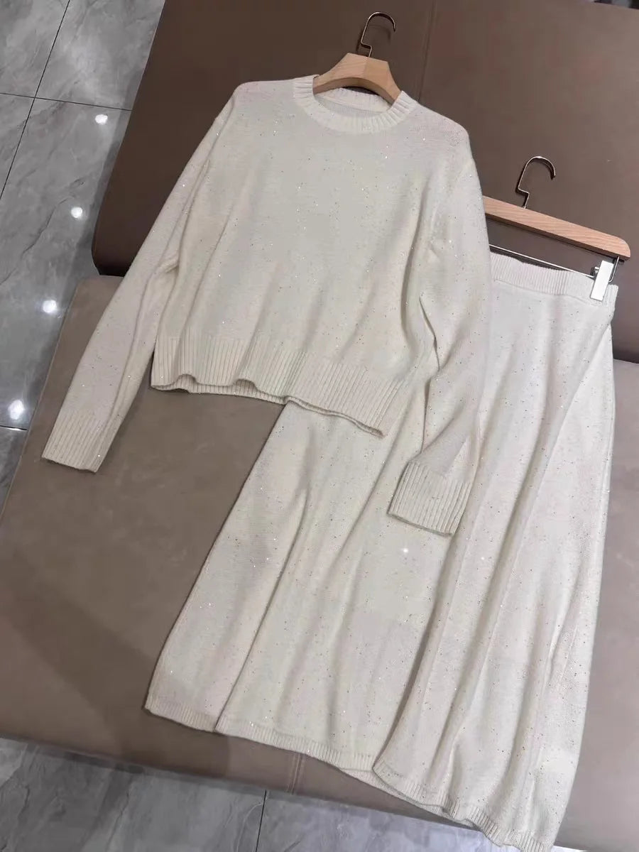 Women Sequin Cashmere Knitted Set A-Line Elastic Waist Midi Skirt or O-Neck Long Sleeve Sweater Elegant Autumn Winter Suit