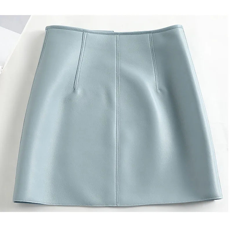 Women Fashion 2022 Harajuku Sheepskin Leather Skirt Femme A-line Sexy Mini Blue Zipper Decorate