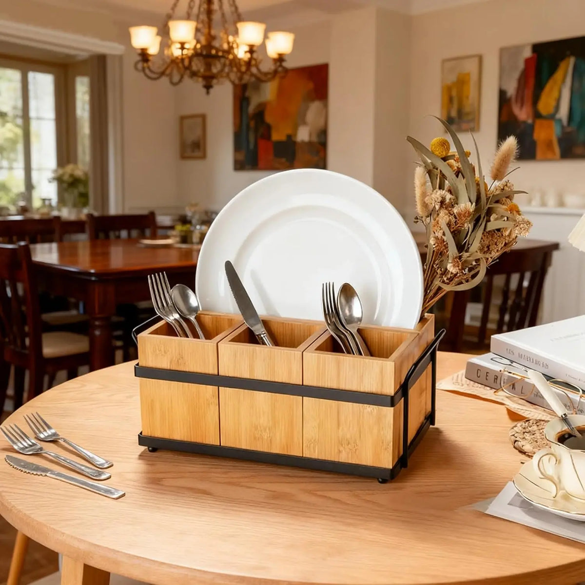 Wood Kitchen Utensil Holder with Metal Tray, Spoon & Fork Storage — product photo 4