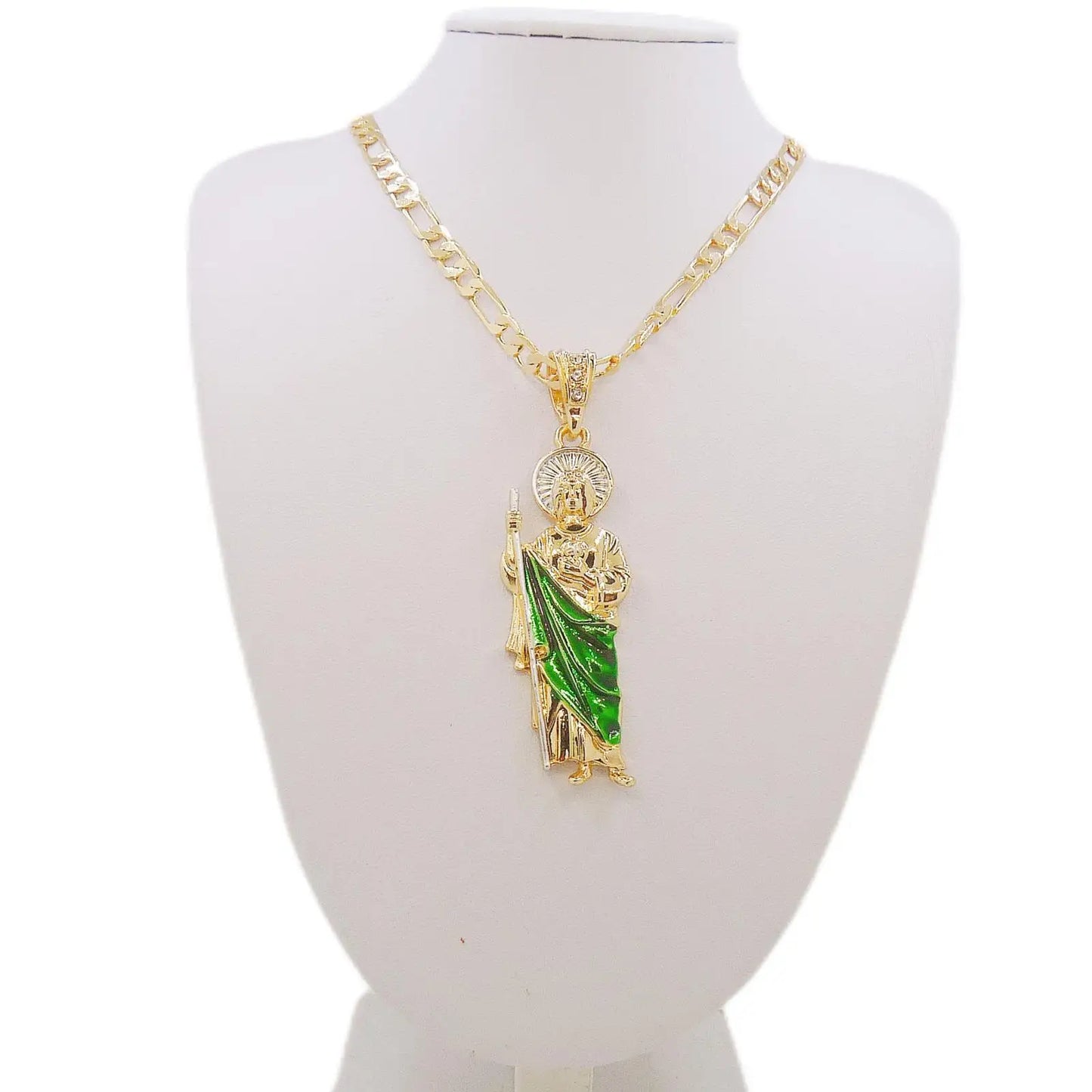 Saint Jude Necklace — 14K Gold Plated San Judas Pendant Figaro Chain Jewelry — view 2 of jewelry