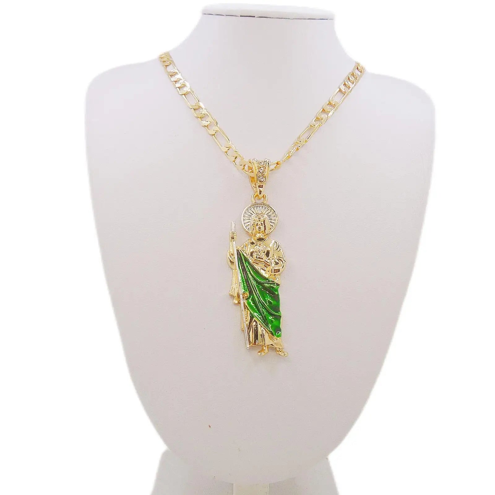 Saint Jude Necklace — 14K Gold Plated San Judas Pendant Figaro Chain Jewelry — view 2 of jewelry