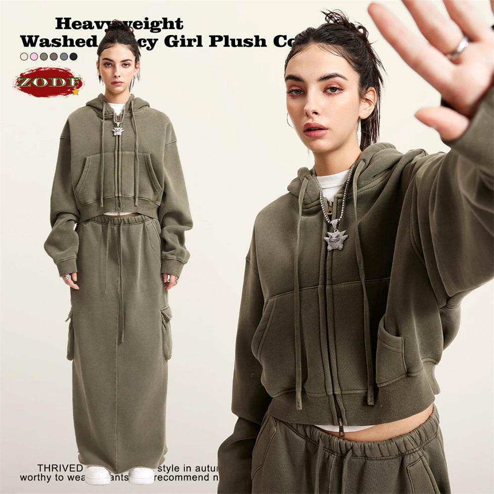 ZODF Retro 2023 Winter Women Short Zipper Hoodies Female Girls Loose 355gsm Thick Fleece Hooded Zip-up Coat Streetwears HY0448
