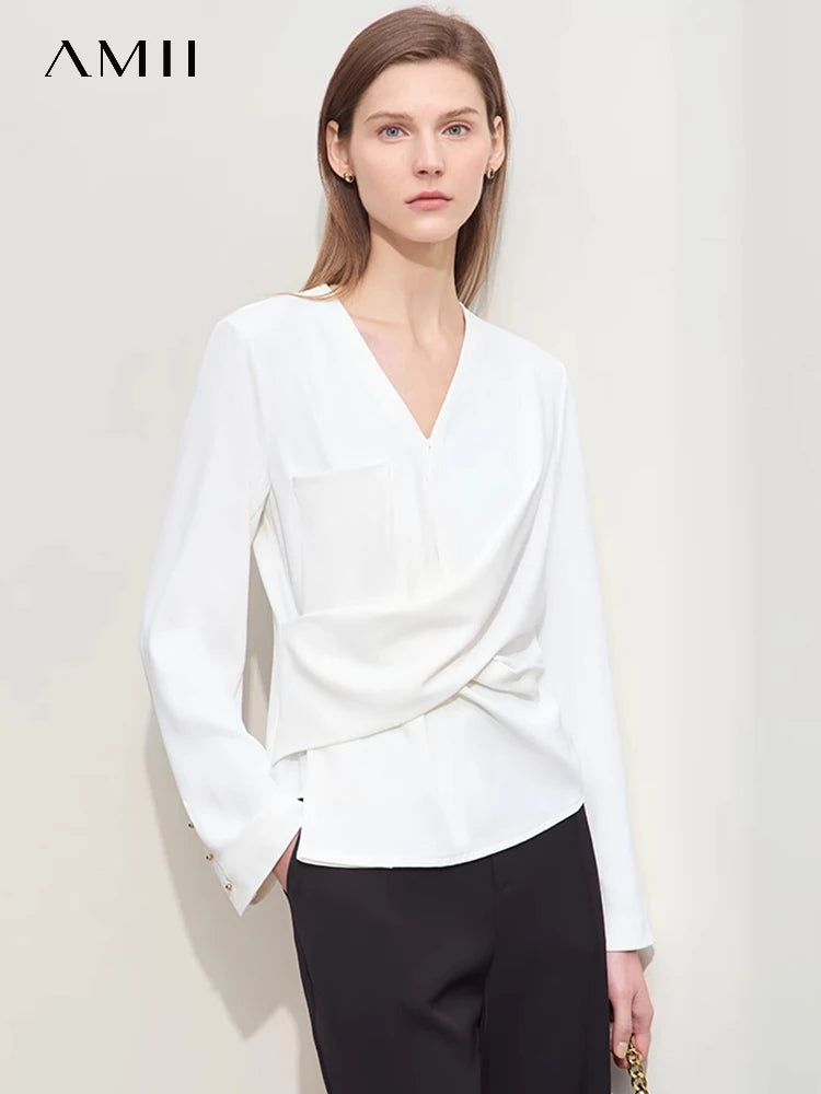 AMII Minimalism Women’s V-Neck Chiffon Blouse – Long-Sleeve Cross Design for Spring 2024