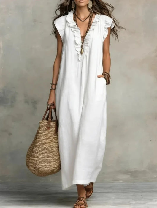 Women's Boho Linen-Blend Ruffle Maxi Dress, V-Neck & Pockets — view 1 of dresses