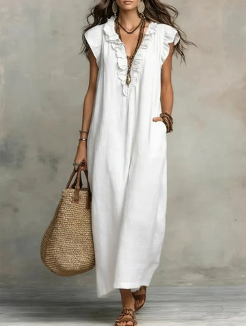 Women's Boho Linen-Blend Ruffle Maxi Dress, V-Neck & Pockets — view 1 of dresses