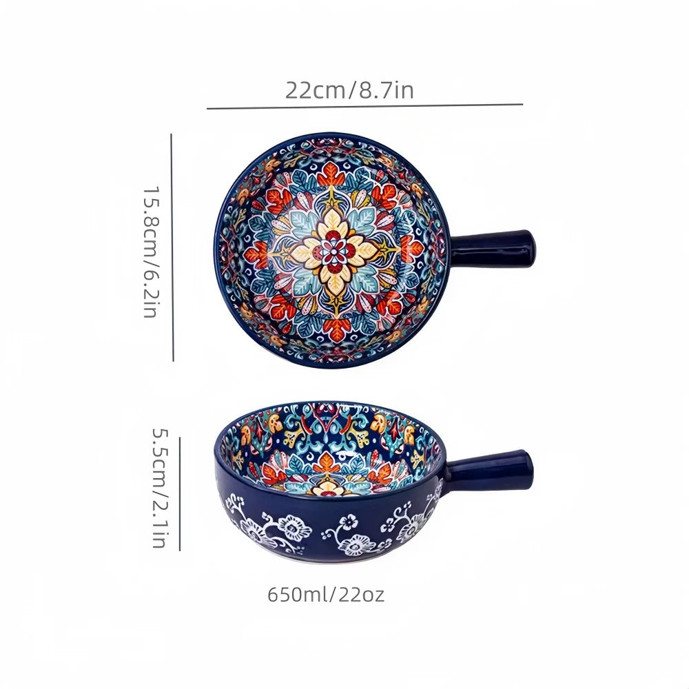 Bohemian Hand-Painted Ceramic Salad Bowl — Embossed Patterned Bakeware with Handle — view 8 of dining & tableware