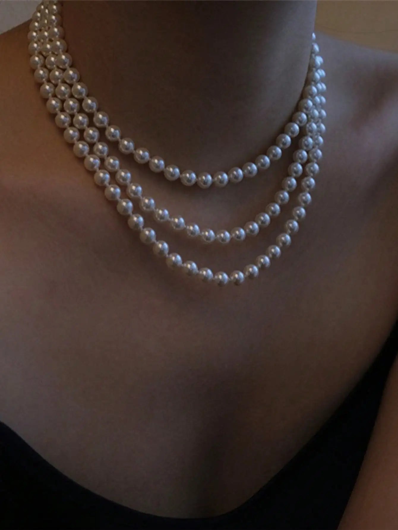 Pearl 3-Strand Layered Necklace — Silver-Tone Clasp Faux Pearl Statement for Women — view 2 of necklaces