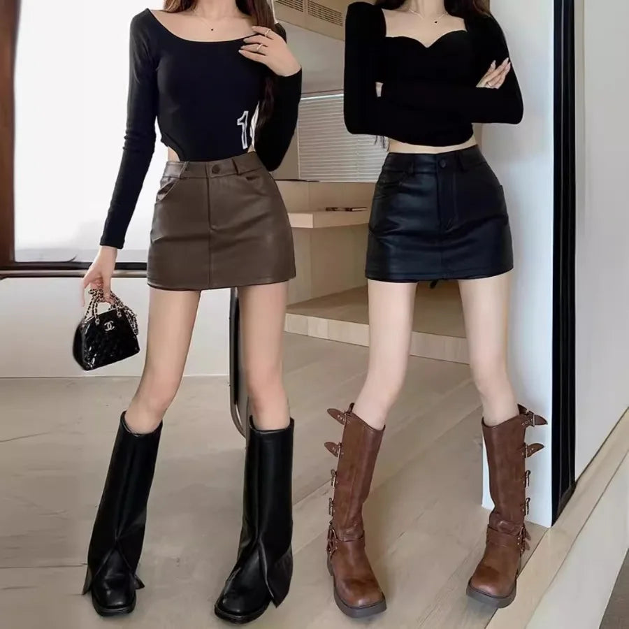 【HOT】Curry pu leather short skirt for women in autumn and winter new high waist large size fat mm slimming bag short skirt for — view 1 of product