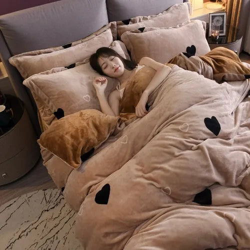 Coral Fleece Four-Piece Set Winter Thicken Thermal Double-Sided Flannel Bed Sheet Leopard Quilt Cover Milk Fiber Bedding