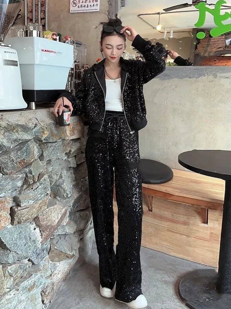 Women New Spring Sportswear Long Sleeve Zipper Sequined Hooded Jacket High Waist Straight Pants Running Tracksuit Two Piece Set