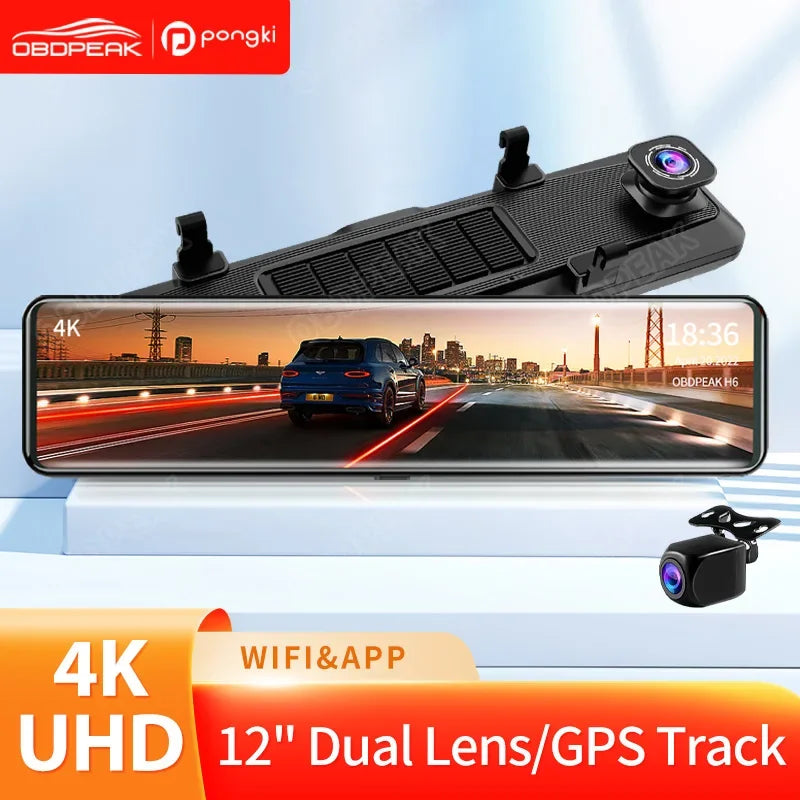 OBDPEAK 12 Inch 4K UHD 2160P Car DVR Mirror Video Recorder  Touch Screen Dashcam For Car Dual Lens GPS Track WiFi 24h Parking